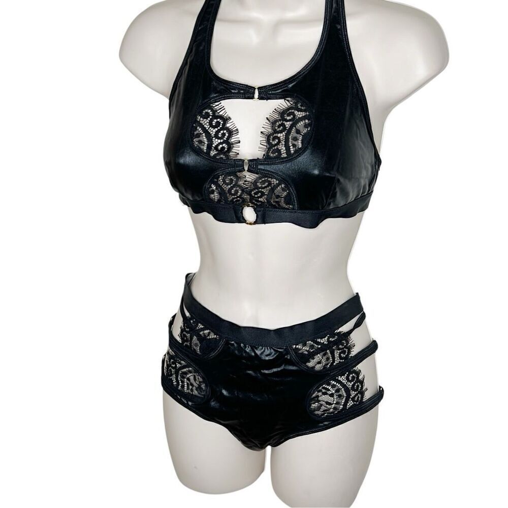 Dreamgirl Strappy Eyelash Lace Trim Faux Leather Bralette & Panties Set